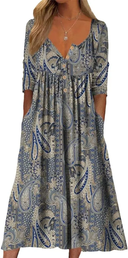 Guteidee Women's Boho Floral Long Sleeve Midi Dress Casual Loose Flowy Vacation Dresses with Pockets