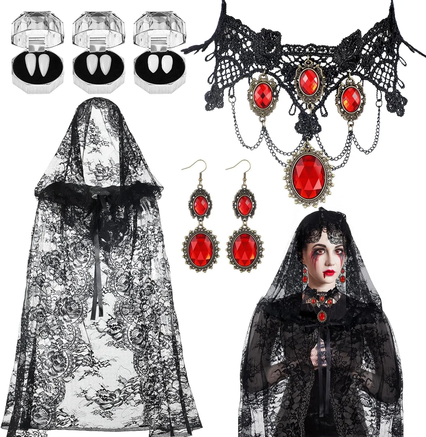 Halloween Vampire Costume Set Witch Black Lace Hooded Cloak Women Cosplay Party Cape Gothic Vampire Jewelry 3 Pairs Vampire Fangs Teeth