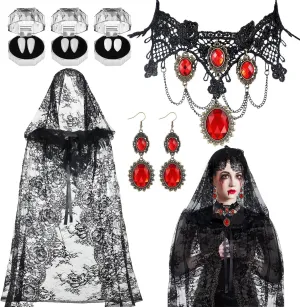 Halloween Vampire Costume Set Witch Black Lace Hooded Cloak Women Cosplay Party Cape Gothic Vampire Jewelry 3 Pairs Vampire Fangs Teeth