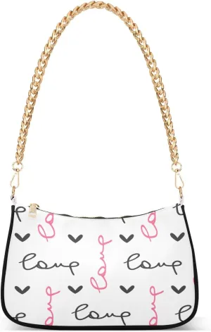 Hearts Handwritten Text Love Shoulder Handbags for Women Travel Hobo Tote Handbag Women Gold Chain Shoulder Bags Purse with Zipper Closure