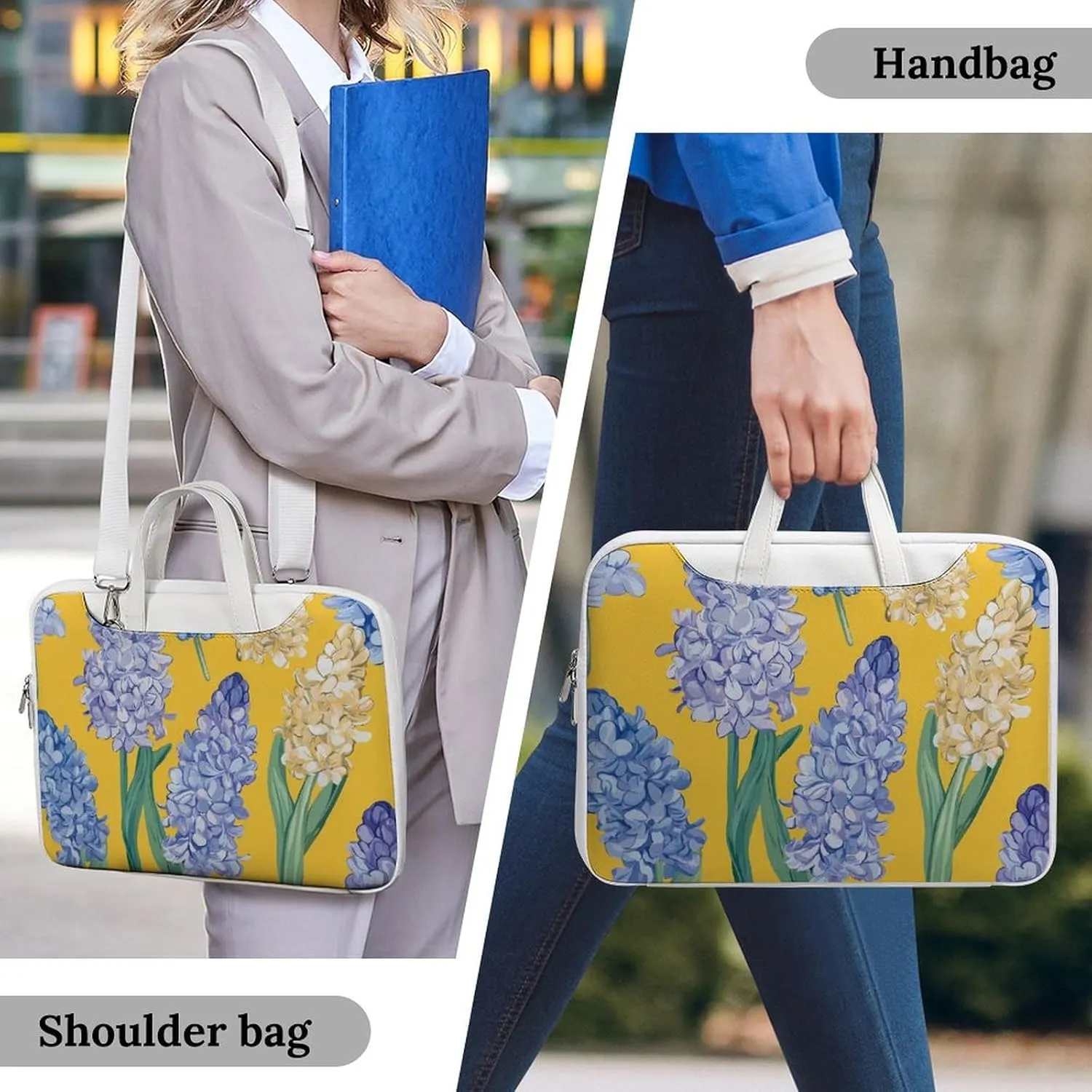 Hyacinth Flowers Yellow Leather Bag Laptop Case Slim Water Resistant Computer Bags with Handle Briefcase for Work