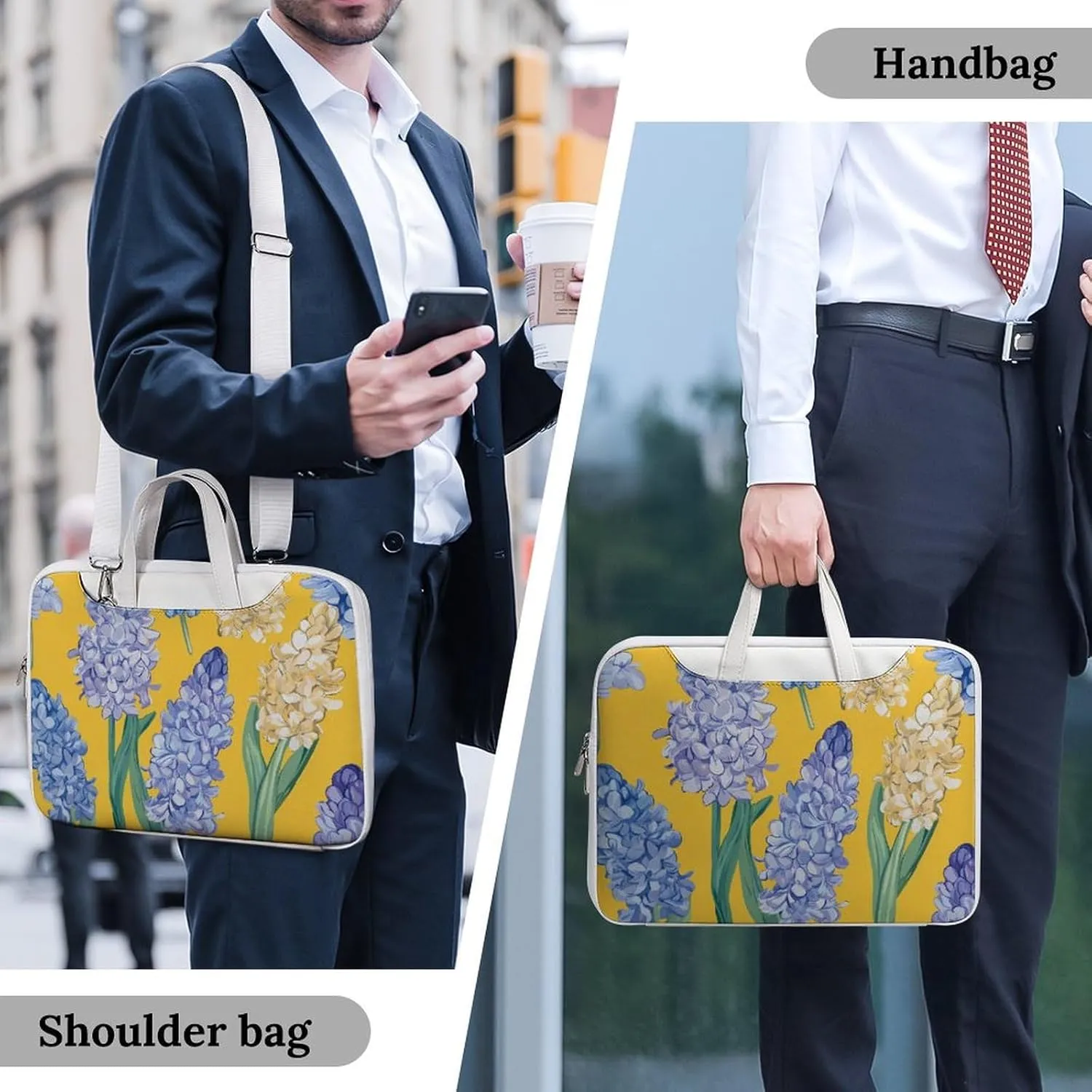 Hyacinth Flowers Yellow Leather Bag Laptop Case Slim Water Resistant Computer Bags with Handle Briefcase for Work