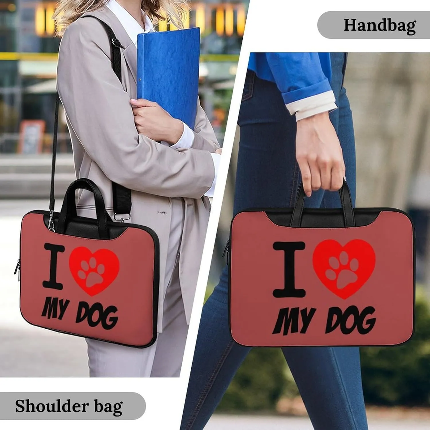 I Love Dog Paw Leather Bag Laptop Case Slim Water Resistant Computer Bags with Handle Briefcase for Work