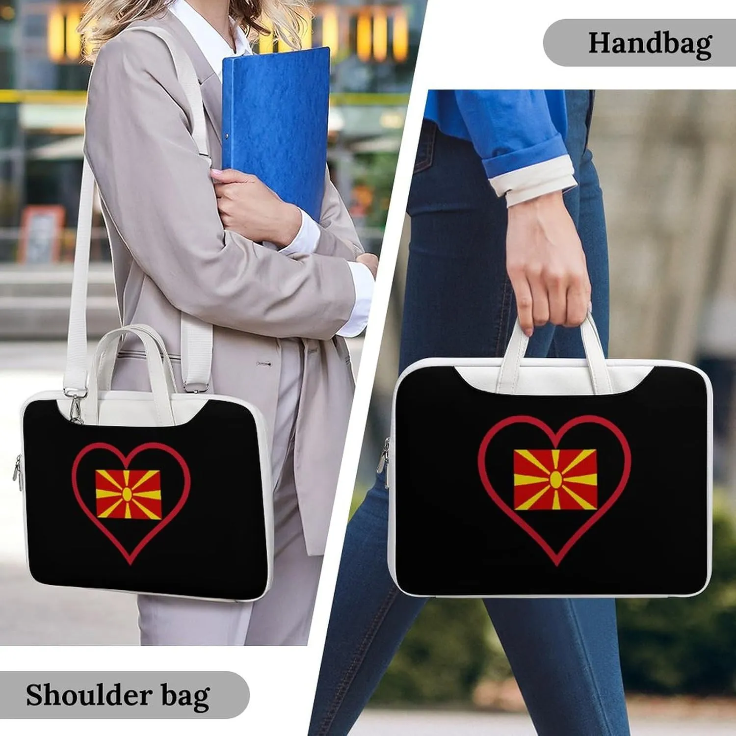 I Love Macedonian Red Heart Leather Bag Laptop Case Slim Water Resistant Computer Bags with Handle Briefcase for Work