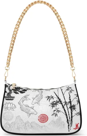 Ink Brush Painting Shoulder Handbags for Women Travel Hobo Tote Handbag Women Gold Chain Shoulder Bags Purse with Zipper Closure