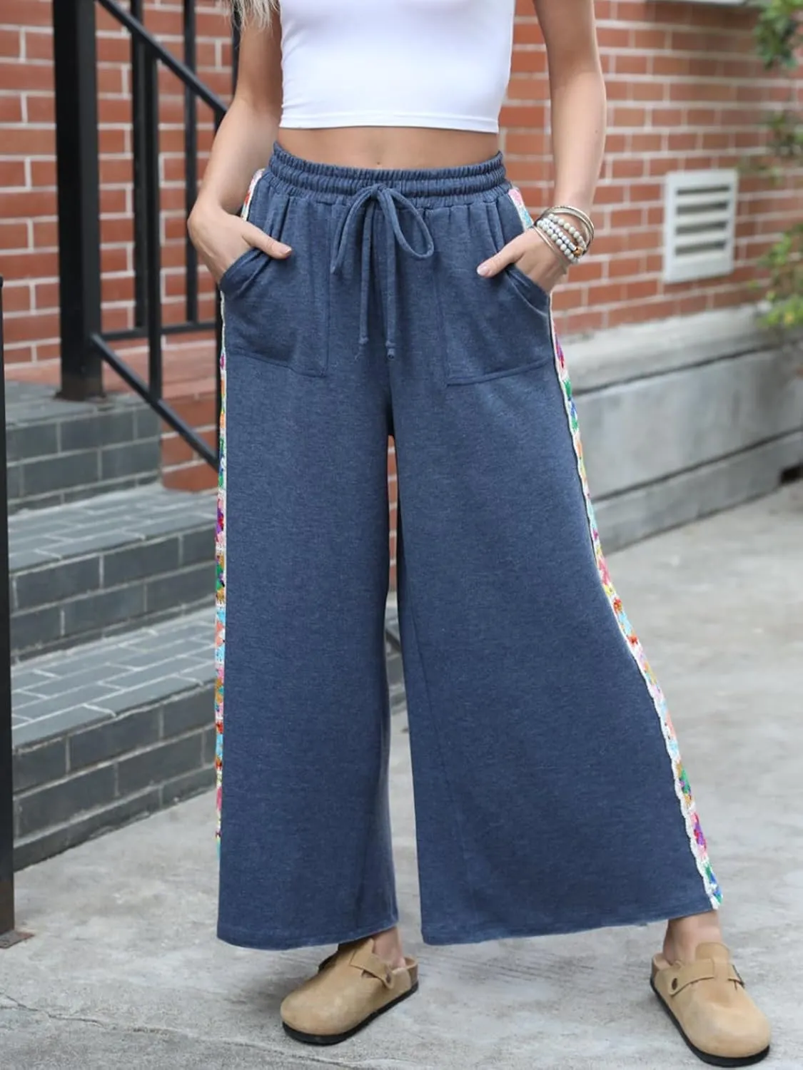 Jenkoon Women Wide-Leg Sweatpants Lace Trim Pants Casual High-Waist Flowy Trousers with Pocket