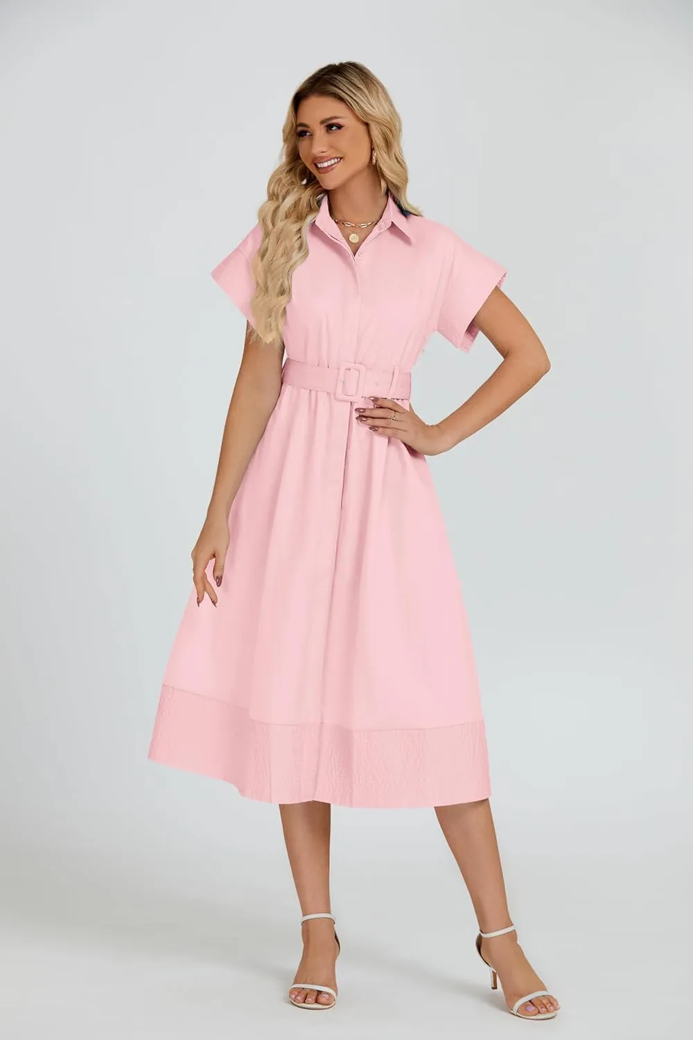 Ladyful Women Casual Button Down Shirt Dress Short Wing Sleeve Buiness Midi Shirt Dress with Belt Elegant Dress