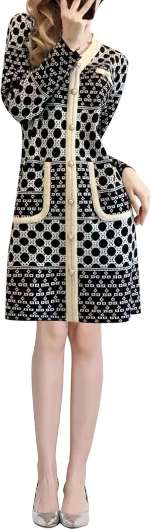 LAI MENG FIVE CATS Women's 2025 Long Sleeve V-Neck Sweater Button Pocket Knit Fall Casual A-line Mini Dress