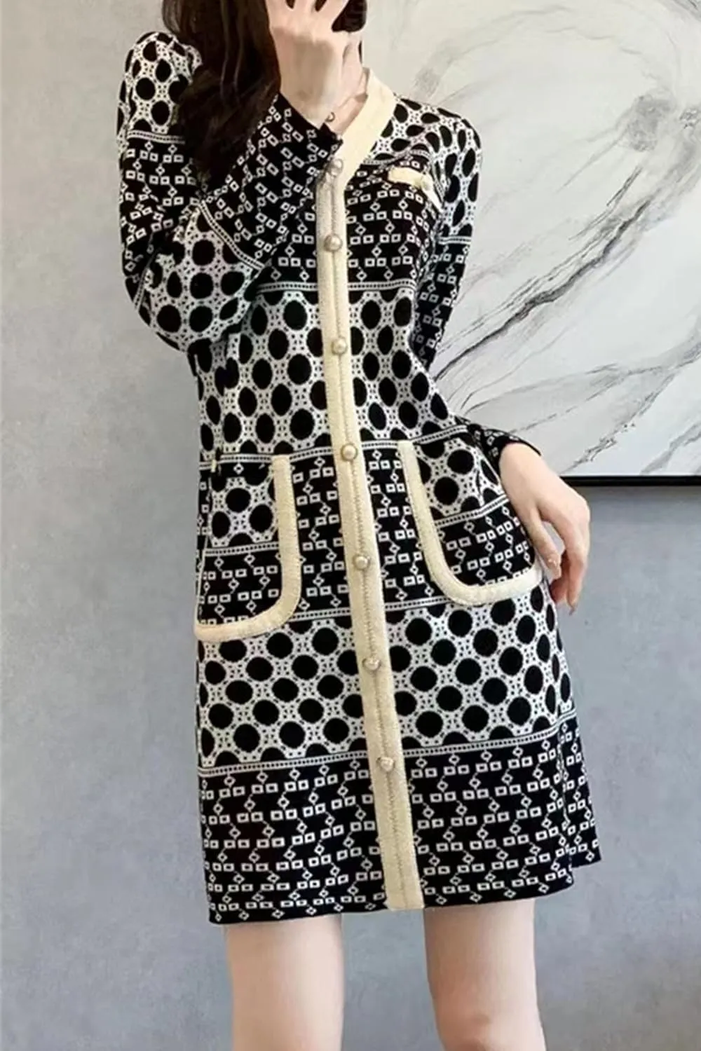 LAI MENG FIVE CATS Women's 2025 Long Sleeve V-Neck Sweater Button Pocket Knit Fall Casual A-line Mini Dress