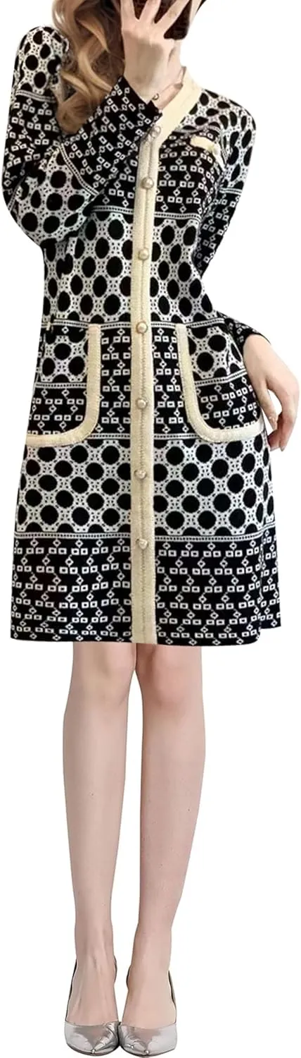 LAI MENG FIVE CATS Women's 2025 Long Sleeve V-Neck Sweater Button Pocket Knit Fall Casual A-line Mini Dress