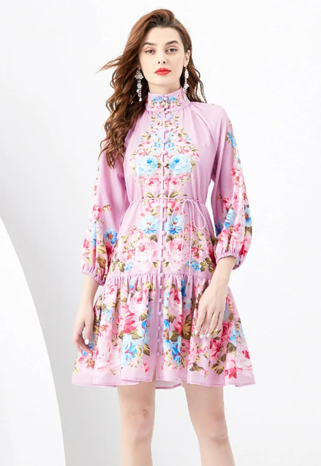 LAI MENG FIVE CATS Women's Casual Floral Print Button up Lantern Sleeve Ruffle Mini Dress