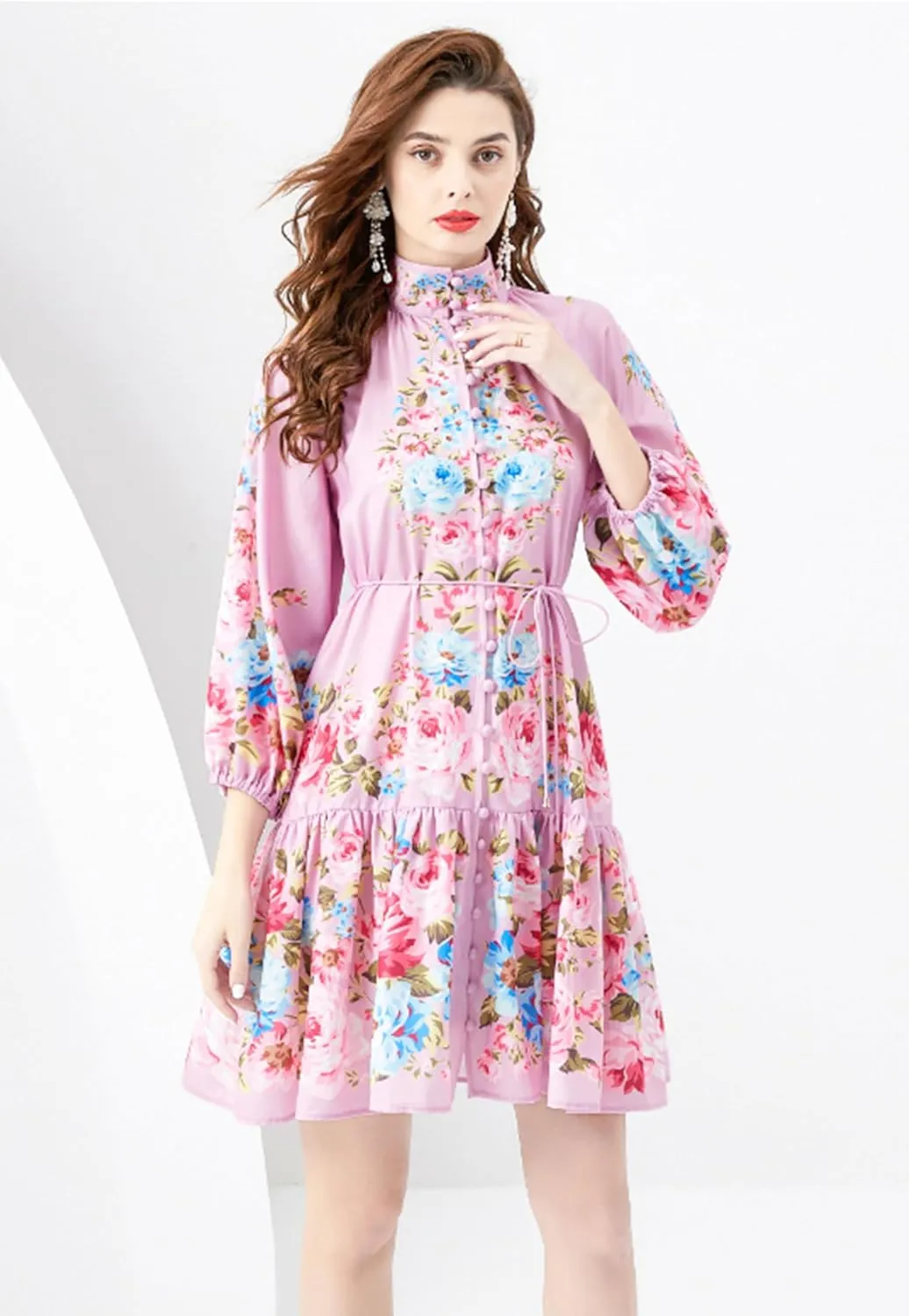 LAI MENG FIVE CATS Women's Casual Floral Print Button up Lantern Sleeve Ruffle Mini Dress