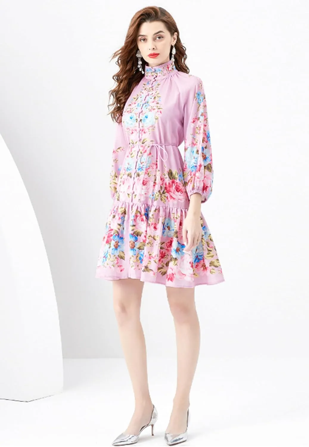 LAI MENG FIVE CATS Women's Casual Floral Print Button up Lantern Sleeve Ruffle Mini Dress