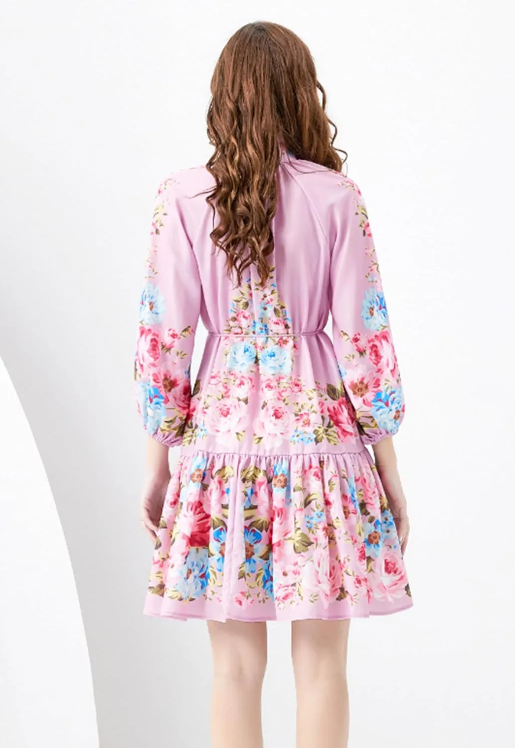 LAI MENG FIVE CATS Women's Casual Floral Print Button up Lantern Sleeve Ruffle Mini Dress