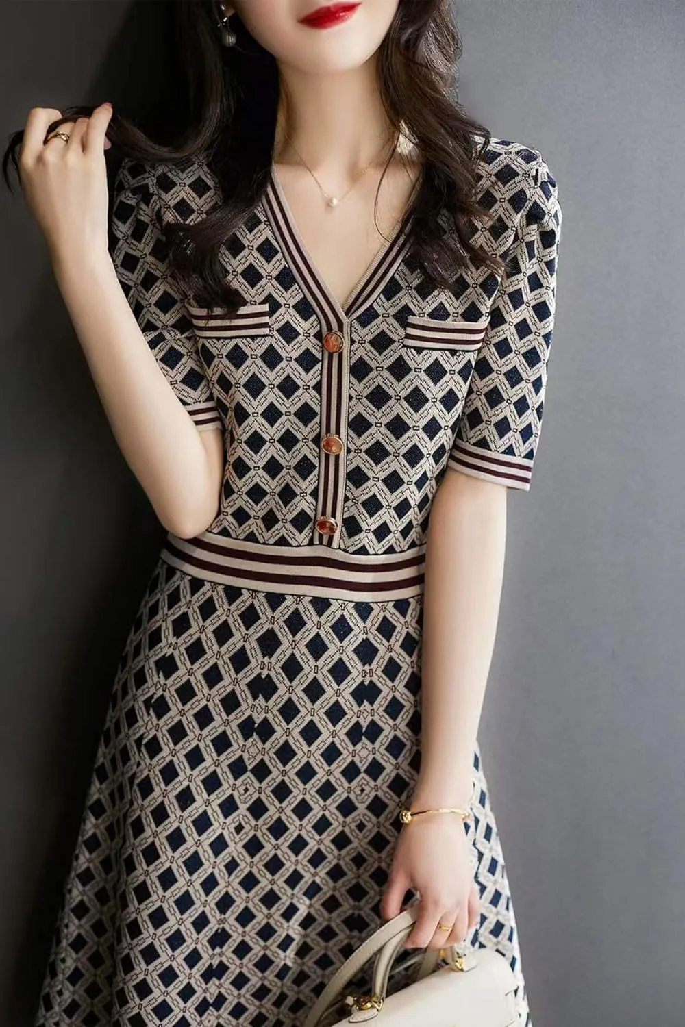 LAI MENG FIVE CATS Women's Casual Sweater Short Sleeve Button Down Knit A-line Mini Dress