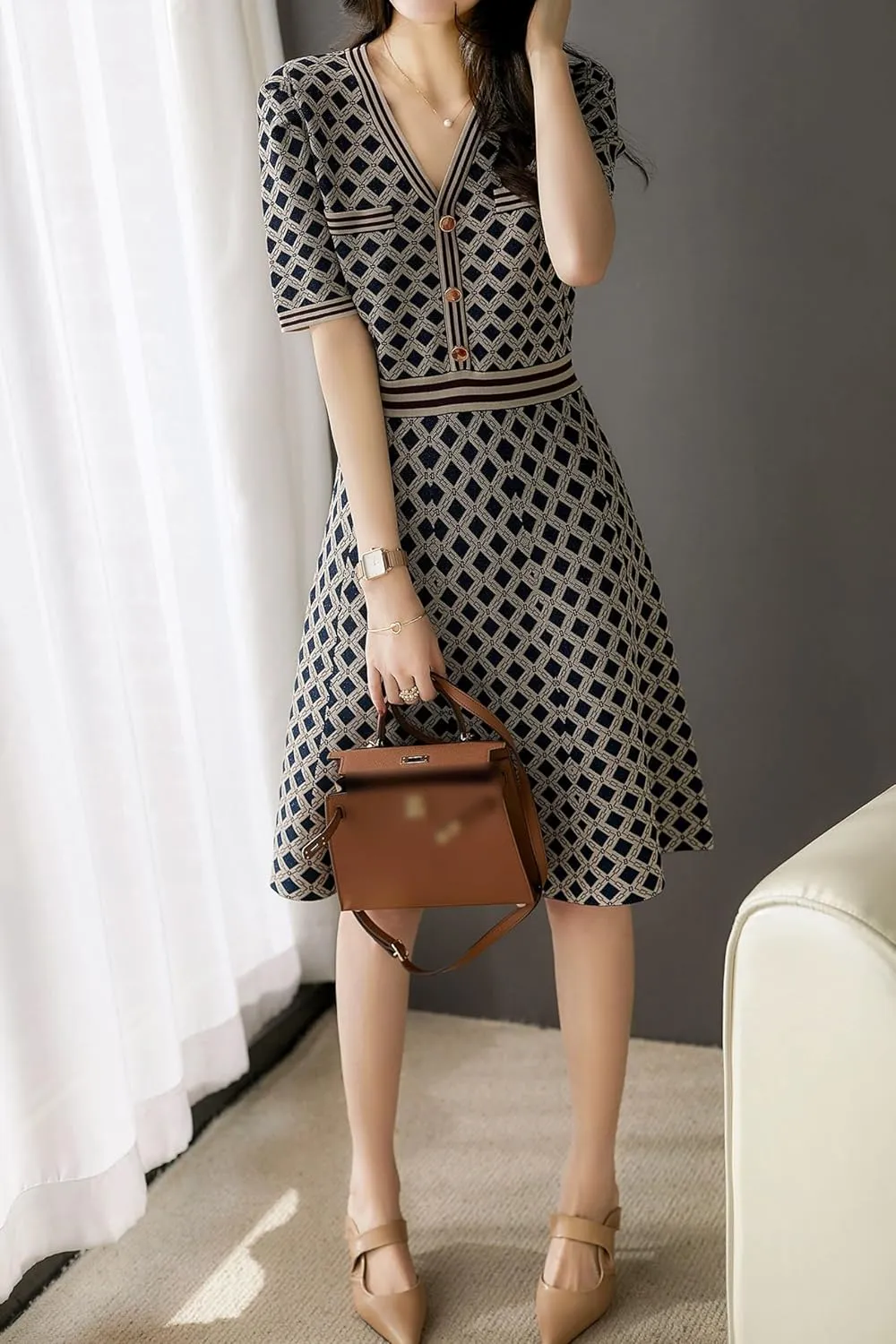 LAI MENG FIVE CATS Women's Casual Sweater Short Sleeve Button Down Knit A-line Mini Dress