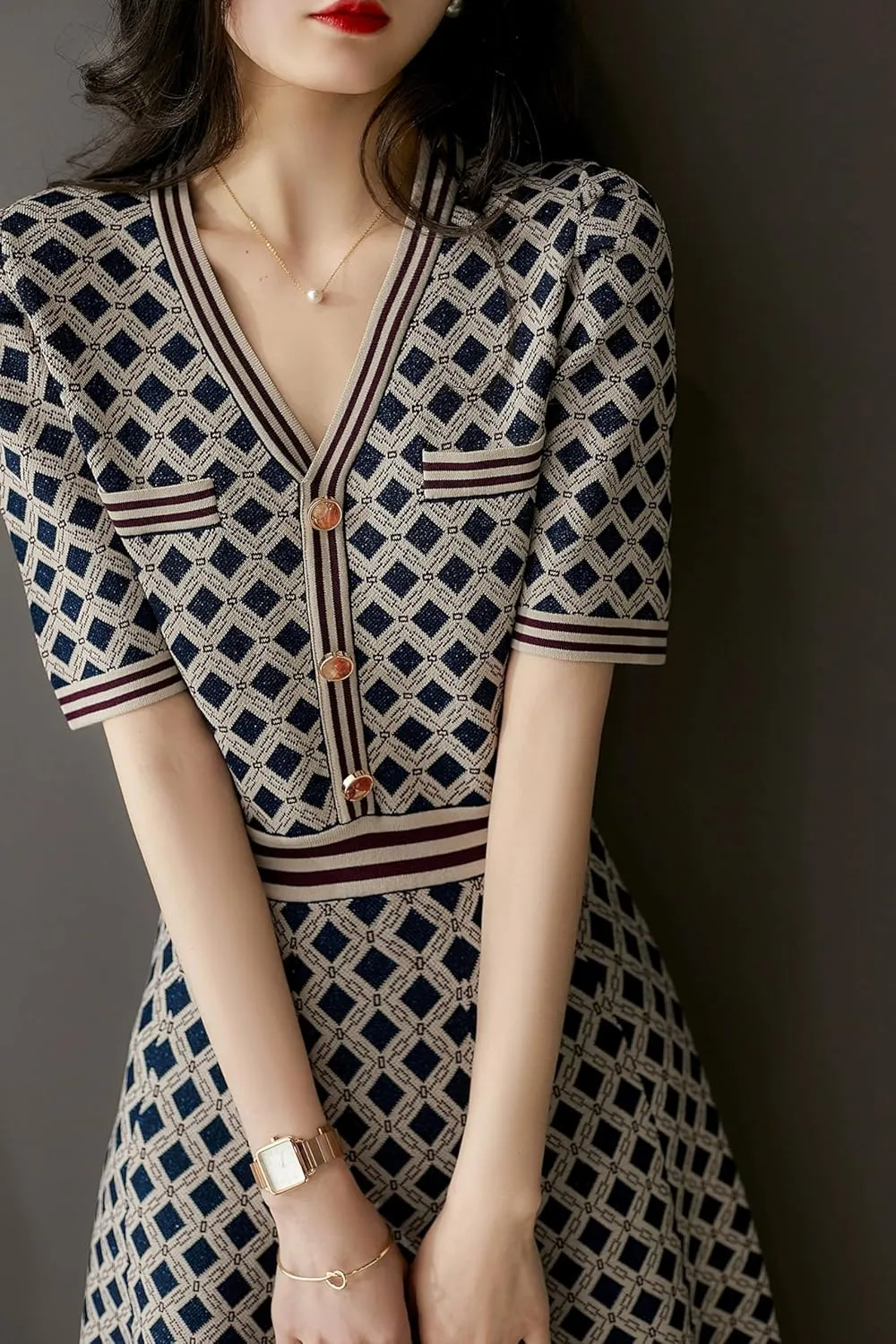 LAI MENG FIVE CATS Women's Casual Sweater Short Sleeve Button Down Knit A-line Mini Dress