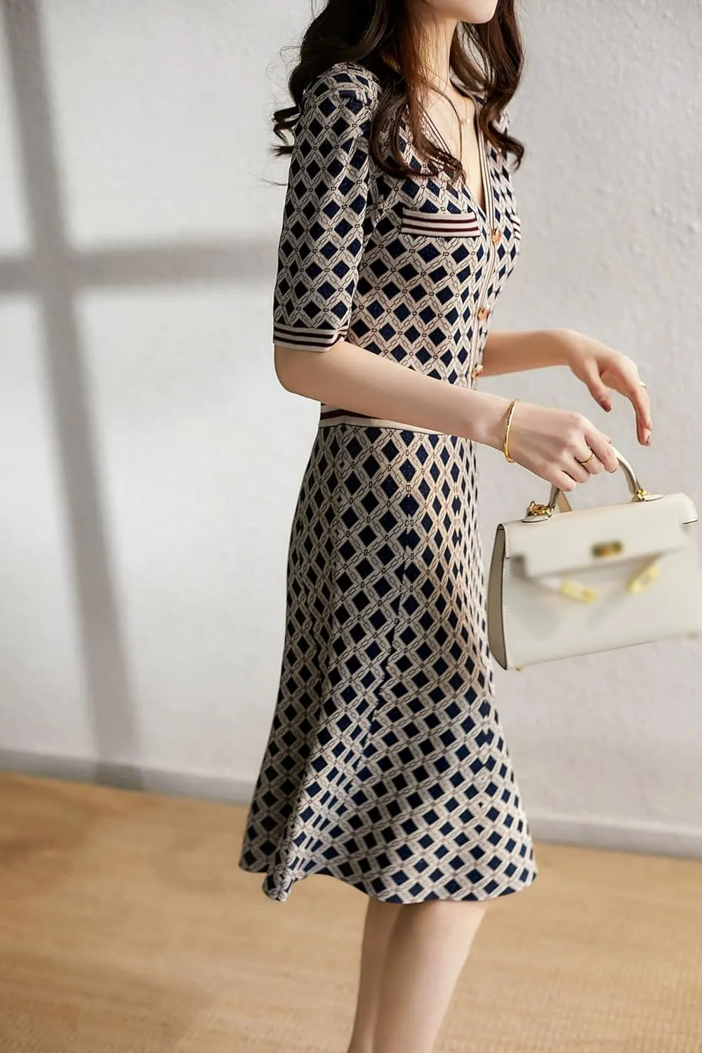 LAI MENG FIVE CATS Women's Casual Sweater Short Sleeve Button Down Knit A-line Mini Dress