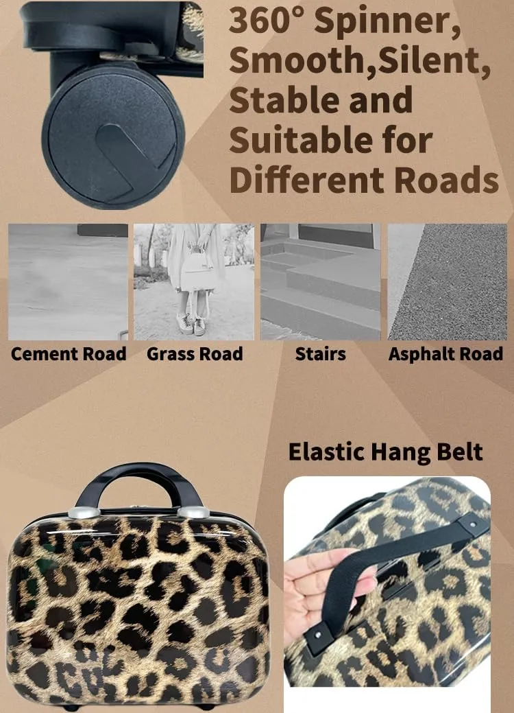 Leopard Print 2-Piece Luggage Set with14 Carry-On & 20" Hardshell Spinner Suitcases, 360 Silent Wheels, Lightweight ABS/PC, Multi-Compartment Travel Luggage(Leopard Print)