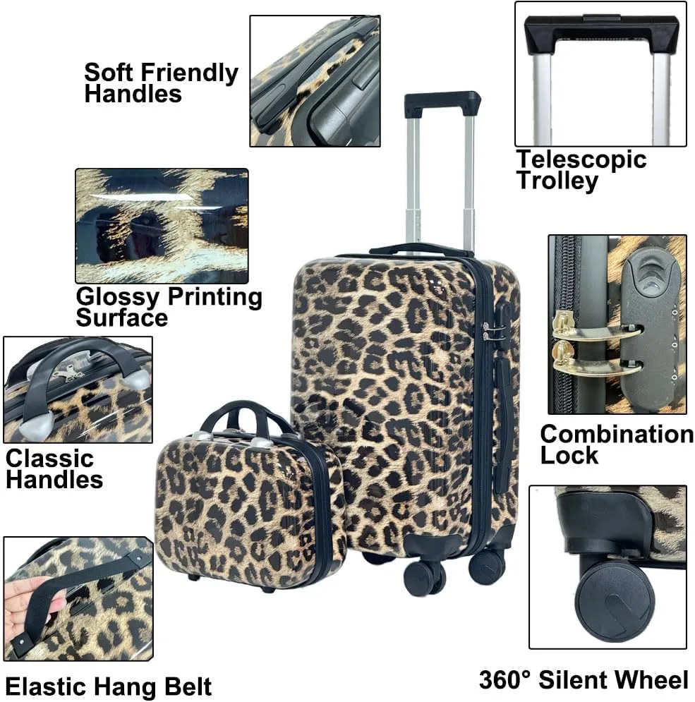 Leopard Print 2-Piece Luggage Set with14 Carry-On & 20" Hardshell Spinner Suitcases, 360 Silent Wheels, Lightweight ABS/PC, Multi-Compartment Travel Luggage(Leopard Print)