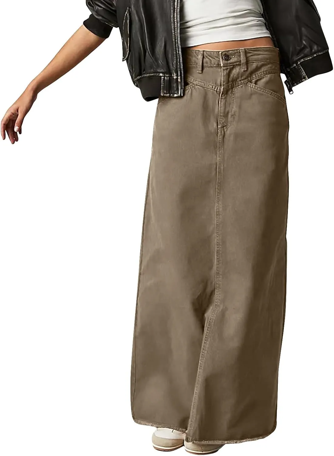 Long Denim Skirt Women Trendy Frayed Hem Maxi Jean Skirt Loose Fit Button Down High Waisted Denim Skirt with Pockets