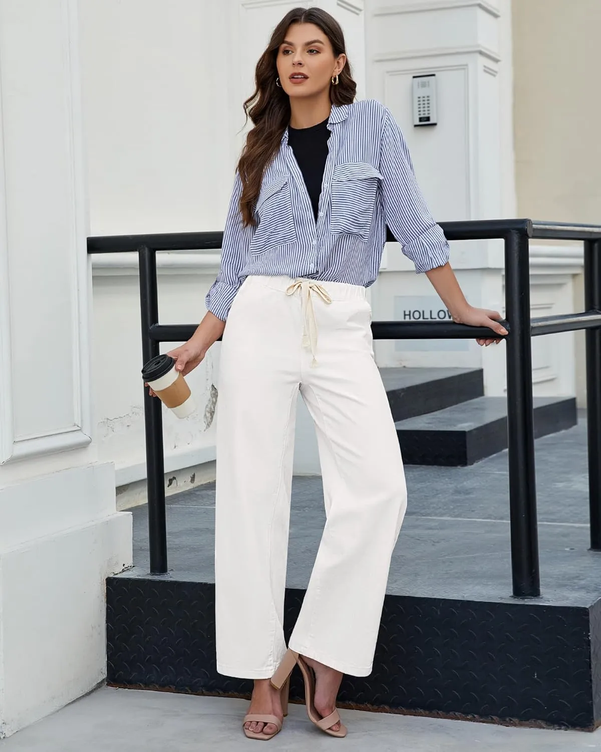 luvamia Wide Leg Jeans Woman High Waisted Trendy Pull On Elastic Waist Drawstring Stretchy Denim Jean Pants with Pockets