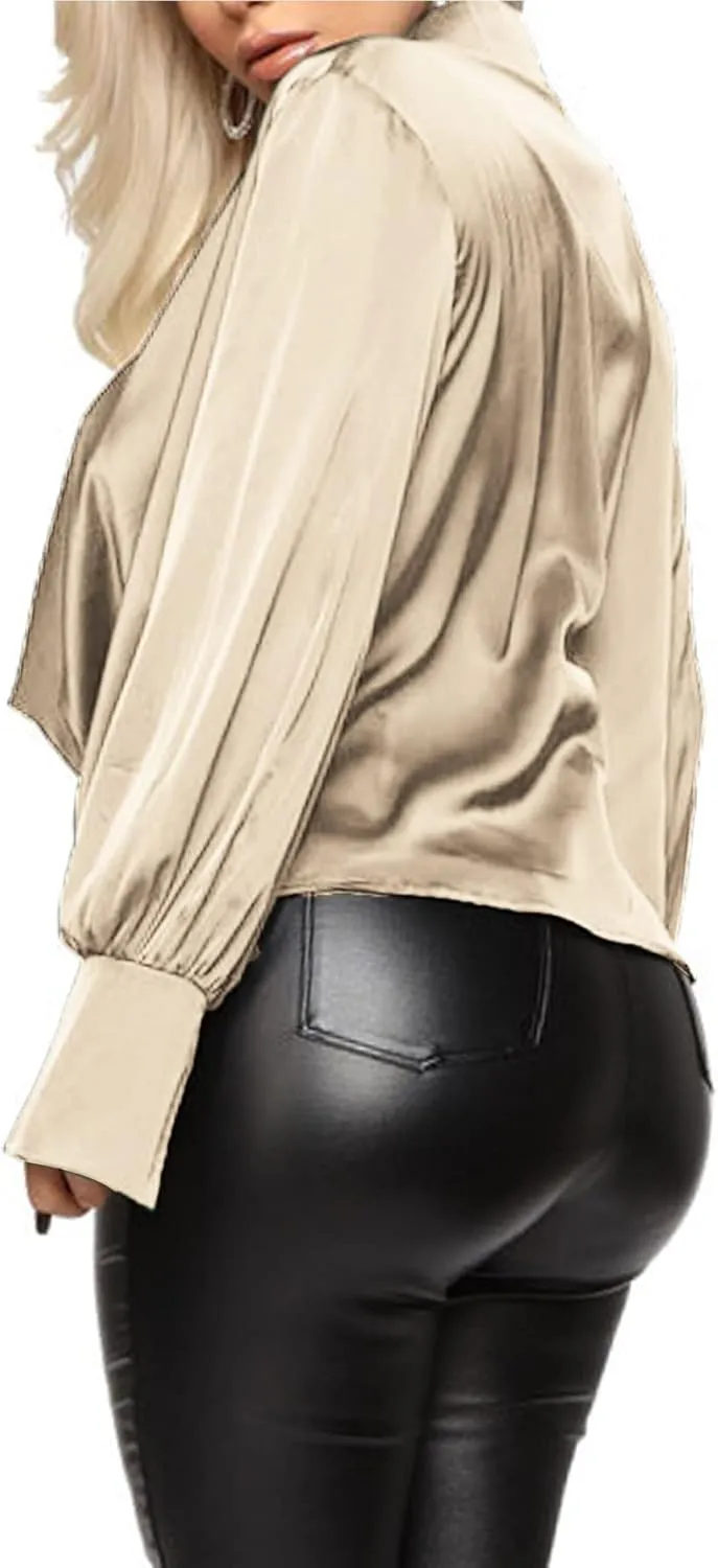 LYANER Women's Satin Collar Neck Drape Ruched Front Long Sleeve Blouse Shirt Top