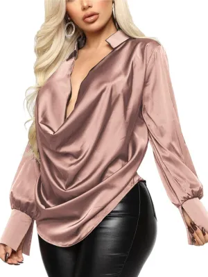 LYANER Women's Satin Collar Neck Drape Ruched Front Long Sleeve Blouse Shirt Top