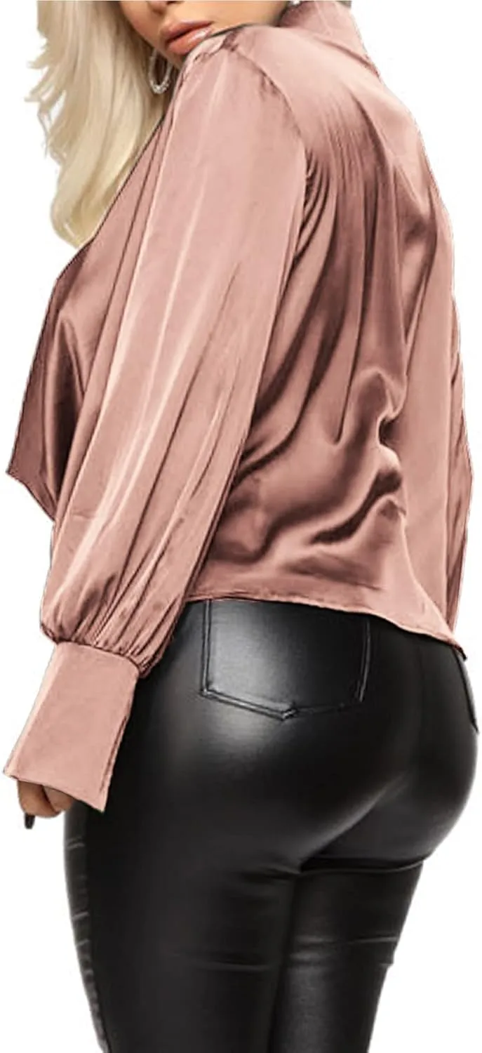 LYANER Women's Satin Collar Neck Drape Ruched Front Long Sleeve Blouse Shirt Top