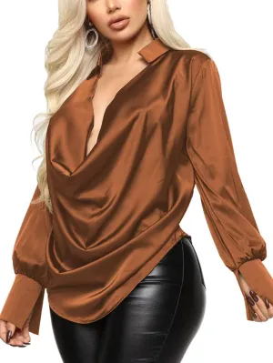 LYANER Women's Satin Collar Neck Drape Ruched Front Long Sleeve Blouse Shirt Top