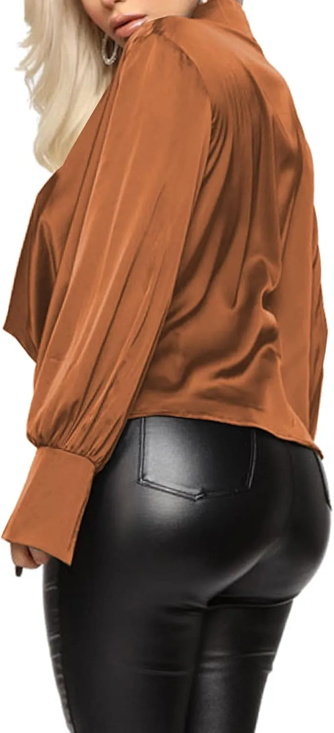 LYANER Women's Satin Collar Neck Drape Ruched Front Long Sleeve Blouse Shirt Top