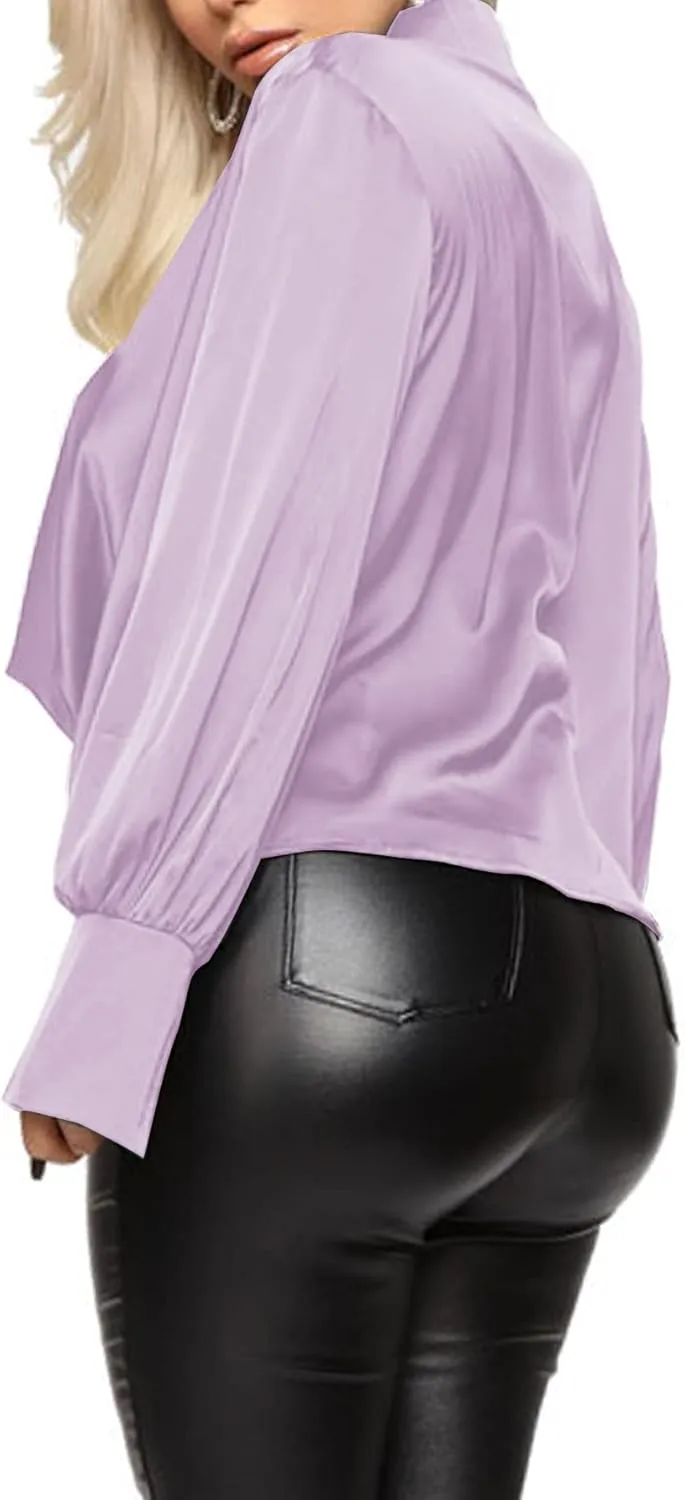 LYANER Women's Satin Collar Neck Drape Ruched Front Long Sleeve Blouse Shirt Top