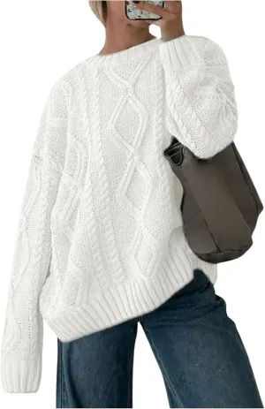 MakeMeChic Women's Cable Knit Long Sleeve Sweater Round Neck Drop Shoulder Knit Tops