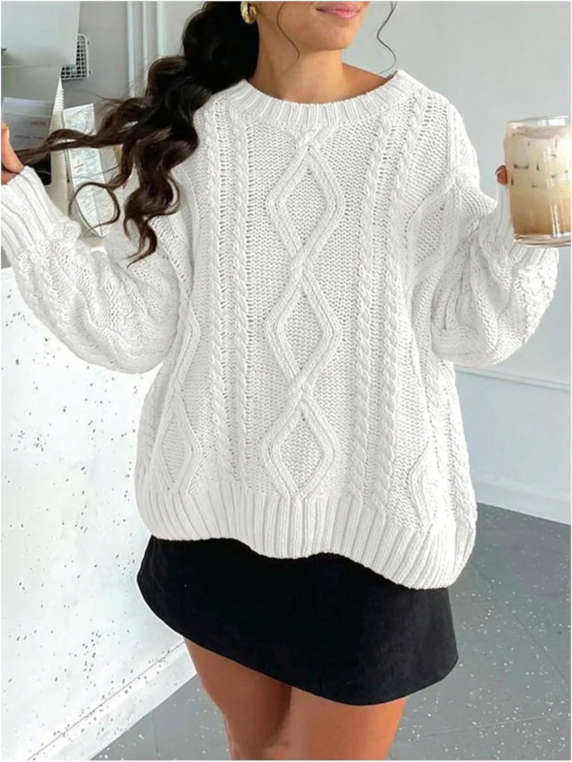 MakeMeChic Women's Cable Knit Long Sleeve Sweater Round Neck Drop Shoulder Knit Tops