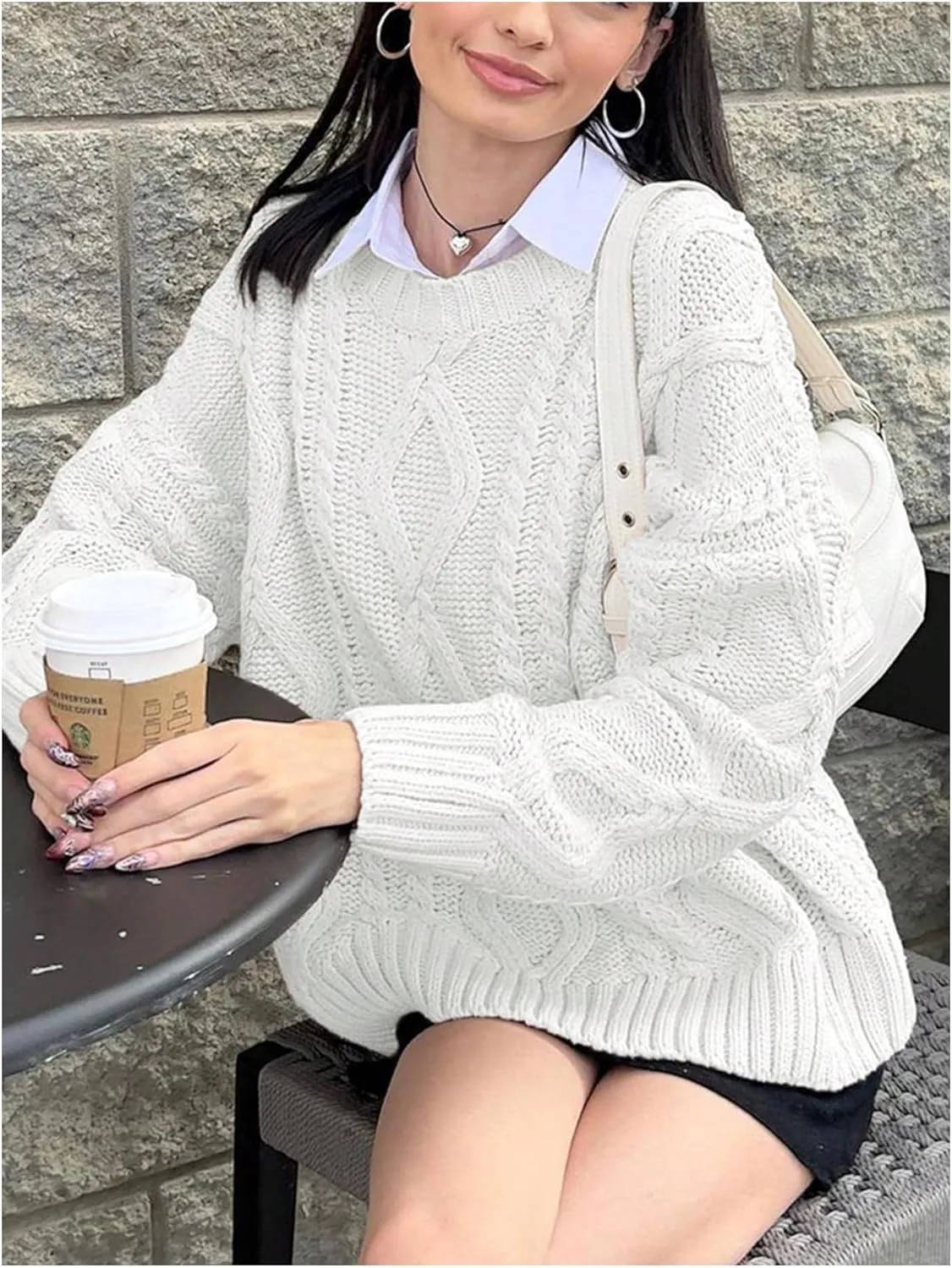 MakeMeChic Women's Cable Knit Long Sleeve Sweater Round Neck Drop Shoulder Knit Tops