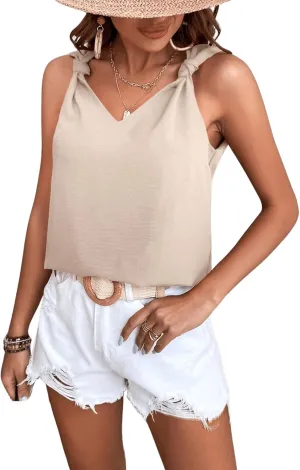 MakeMeChic Women's Casual Knot Shoulder Sleeveless Camisole Solid V Neck Cami Top Blouse Summer Shirts