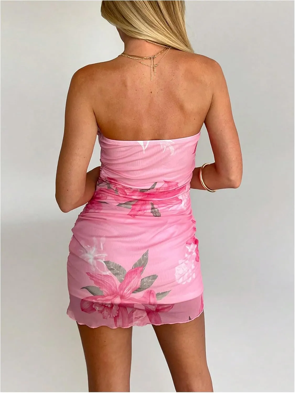 MakeMeChic Women's Floral Strapless Tube Dress Sleeveless Bodycon Y2k Mini Dresses
