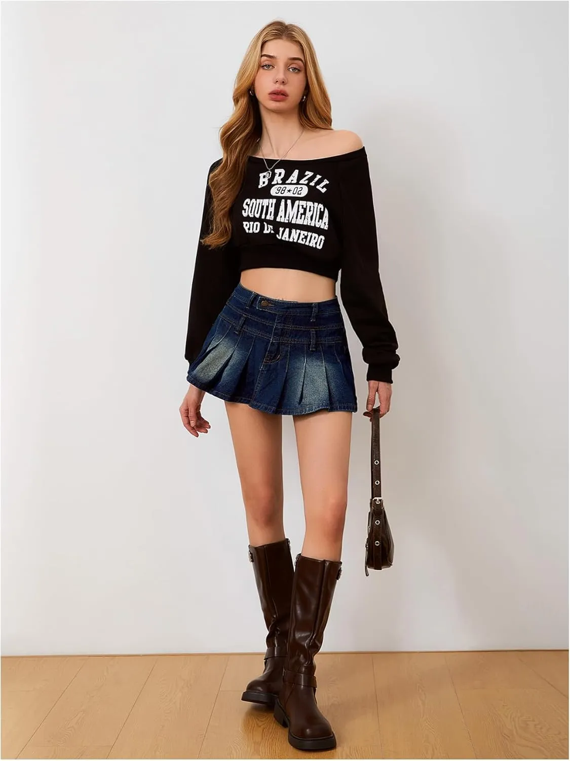 MakeMeChic Women's Pleated Denim Skirt A Line Flare Y2k Mini Jean Skirts