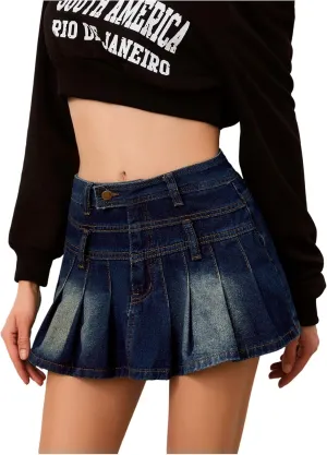 MakeMeChic Women's Pleated Denim Skirt A Line Flare Y2k Mini Jean Skirts