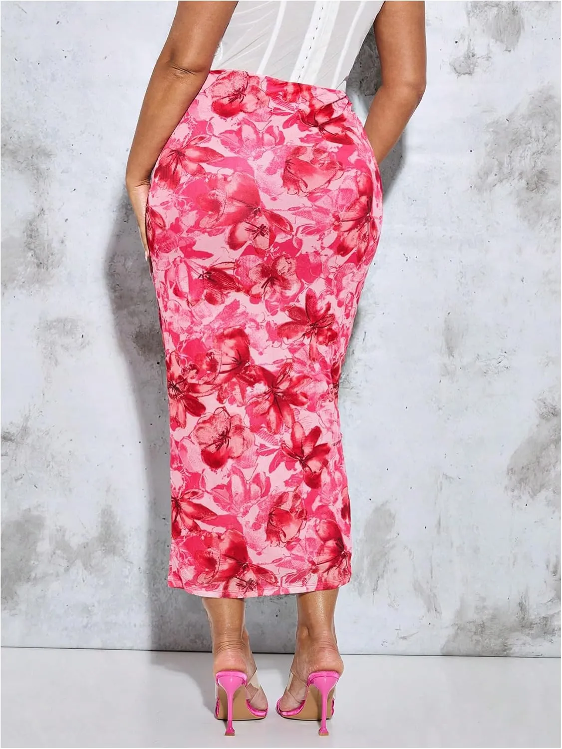 MakeMeChic Women's Plus Size Casual Allover Floral Print Bodycon High Waist Boho Pencil Midi Long Skirts