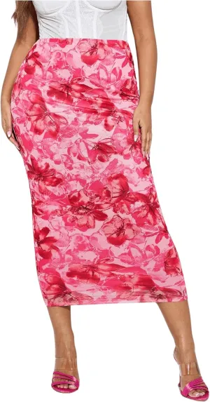 MakeMeChic Women's Plus Size Casual Allover Floral Print Bodycon High Waist Boho Pencil Midi Long Skirts