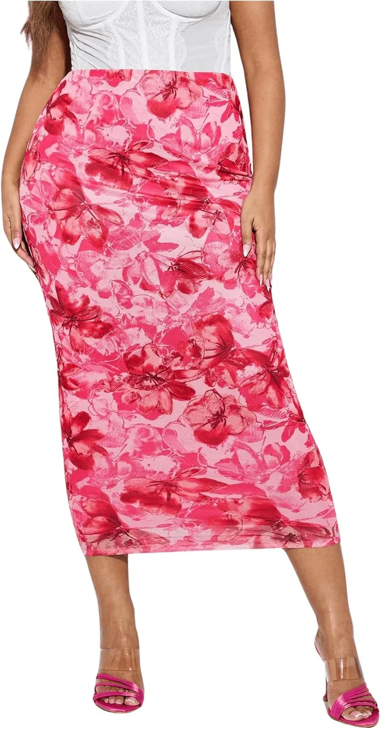 MakeMeChic Women's Plus Size Casual Allover Floral Print Bodycon High Waist Boho Pencil Midi Long Skirts