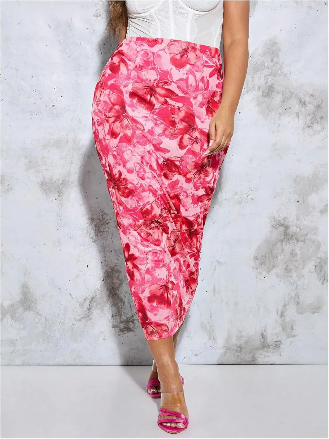 MakeMeChic Women's Plus Size Casual Allover Floral Print Bodycon High Waist Boho Pencil Midi Long Skirts