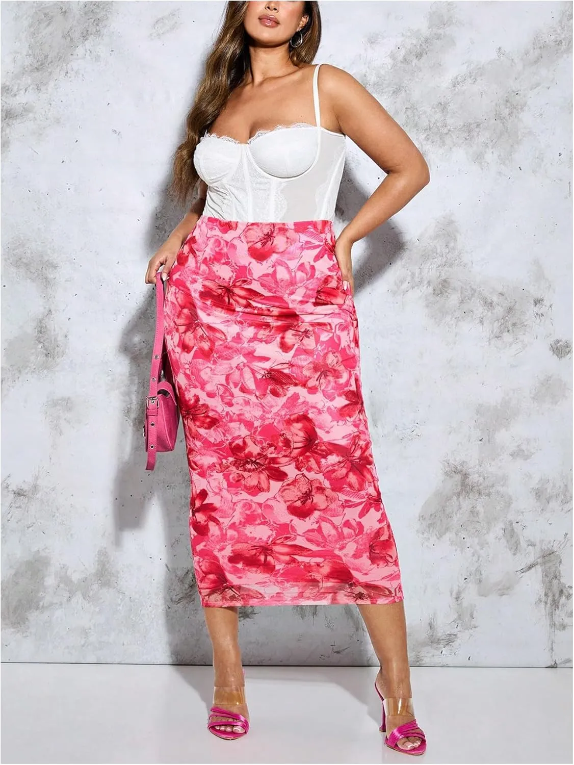 MakeMeChic Women's Plus Size Casual Allover Floral Print Bodycon High Waist Boho Pencil Midi Long Skirts