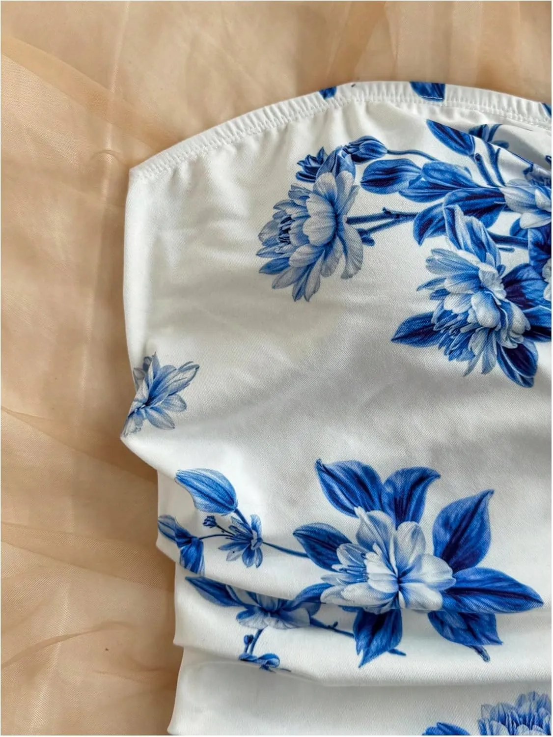MakeMeChic Women's Summer Floral Tube Top Mini Dresses Blue and White Ruched Strapless Sundress