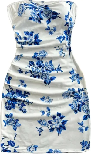 MakeMeChic Women's Summer Floral Tube Top Mini Dresses Blue and White Ruched Strapless Sundress