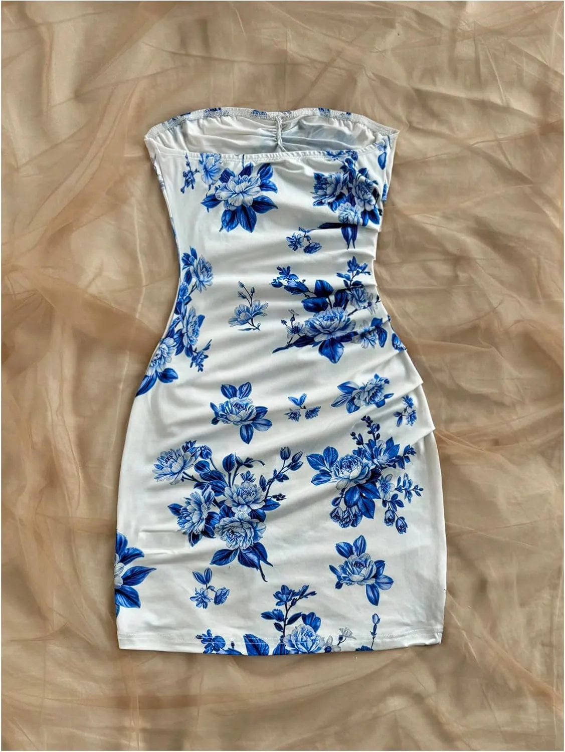 MakeMeChic Women's Summer Floral Tube Top Mini Dresses Blue and White Ruched Strapless Sundress