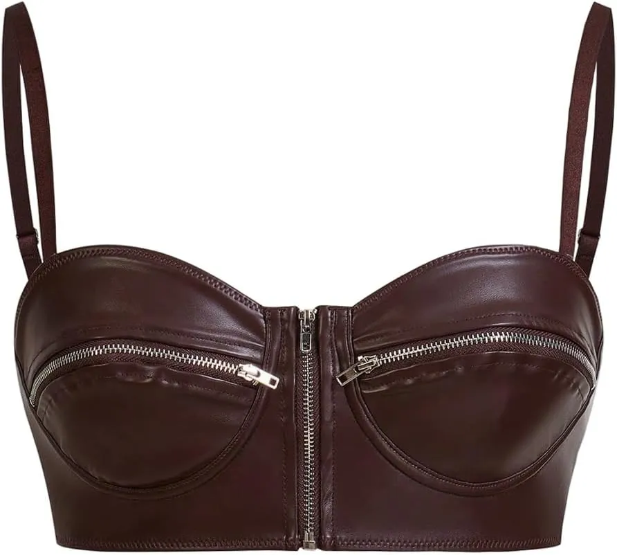 MakeMeChic Women's Y2K PU Leather Tops Spaghetti Strap Camisole Zipper Sleeveless Crop Top