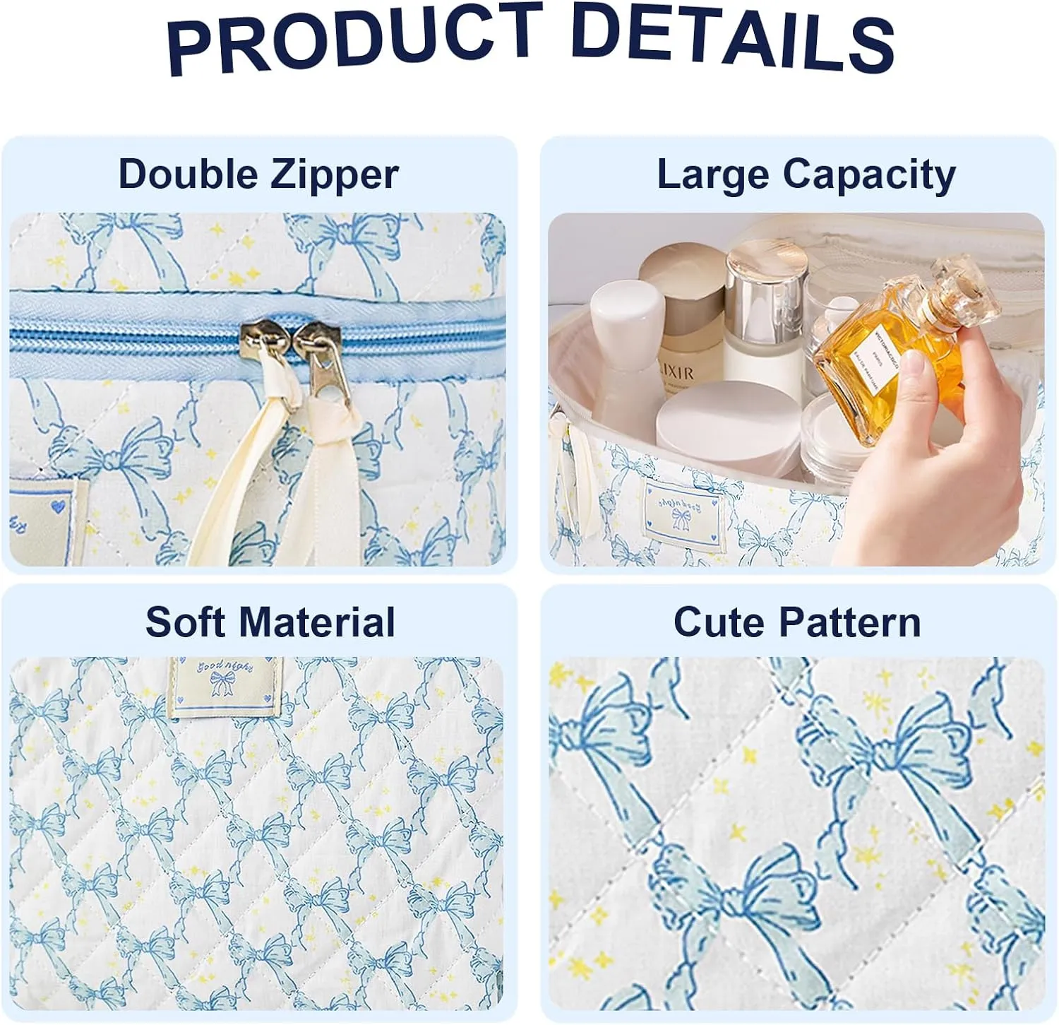 Makeup Bag, 3PC Quilted Makeup Bag Set Cotton Aesthetic Travel Large Cute Cosmetic Toiletry Bag for Women Girls