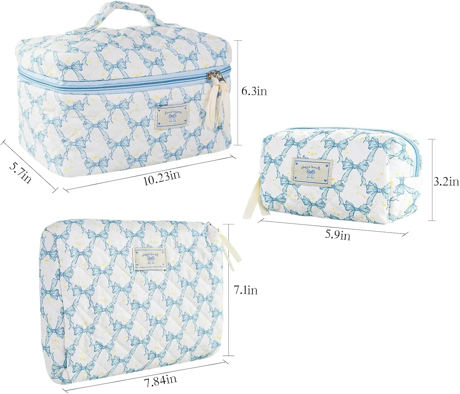 Makeup Bag, 3PC Quilted Makeup Bag Set Cotton Aesthetic Travel Large Cute Cosmetic Toiletry Bag for Women Girls